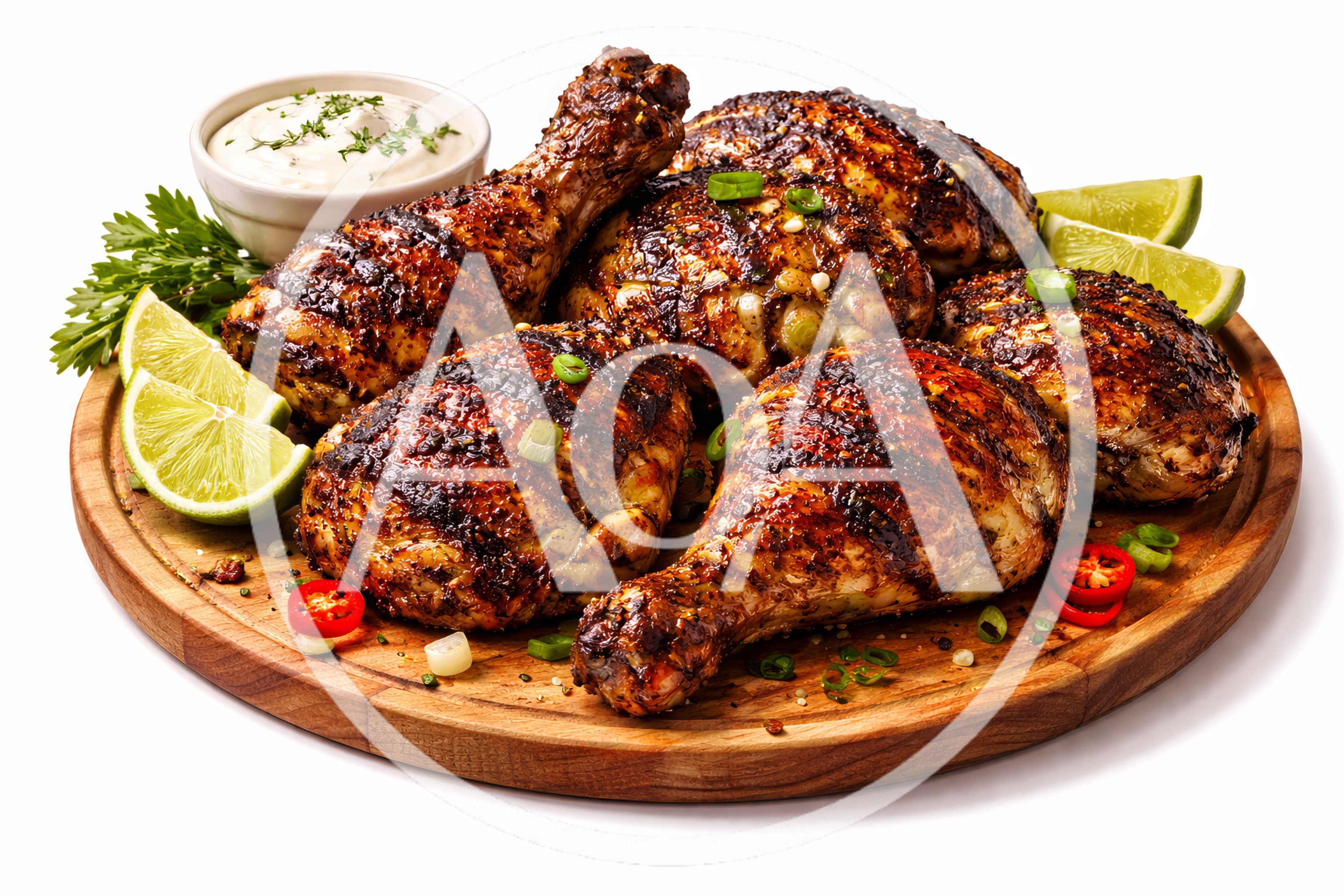 Grilled Chicken Drumsticks And Thighs On Wooden Platter