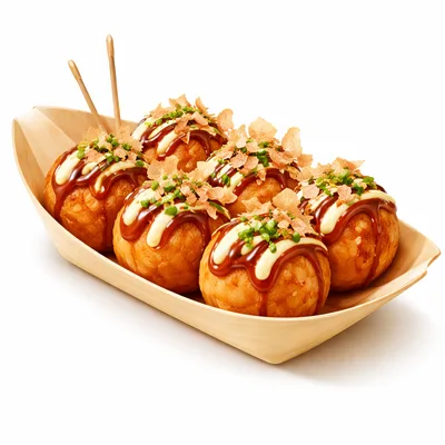 Fresh Takoyaki Octopus Balls in Wooden Boat Tray