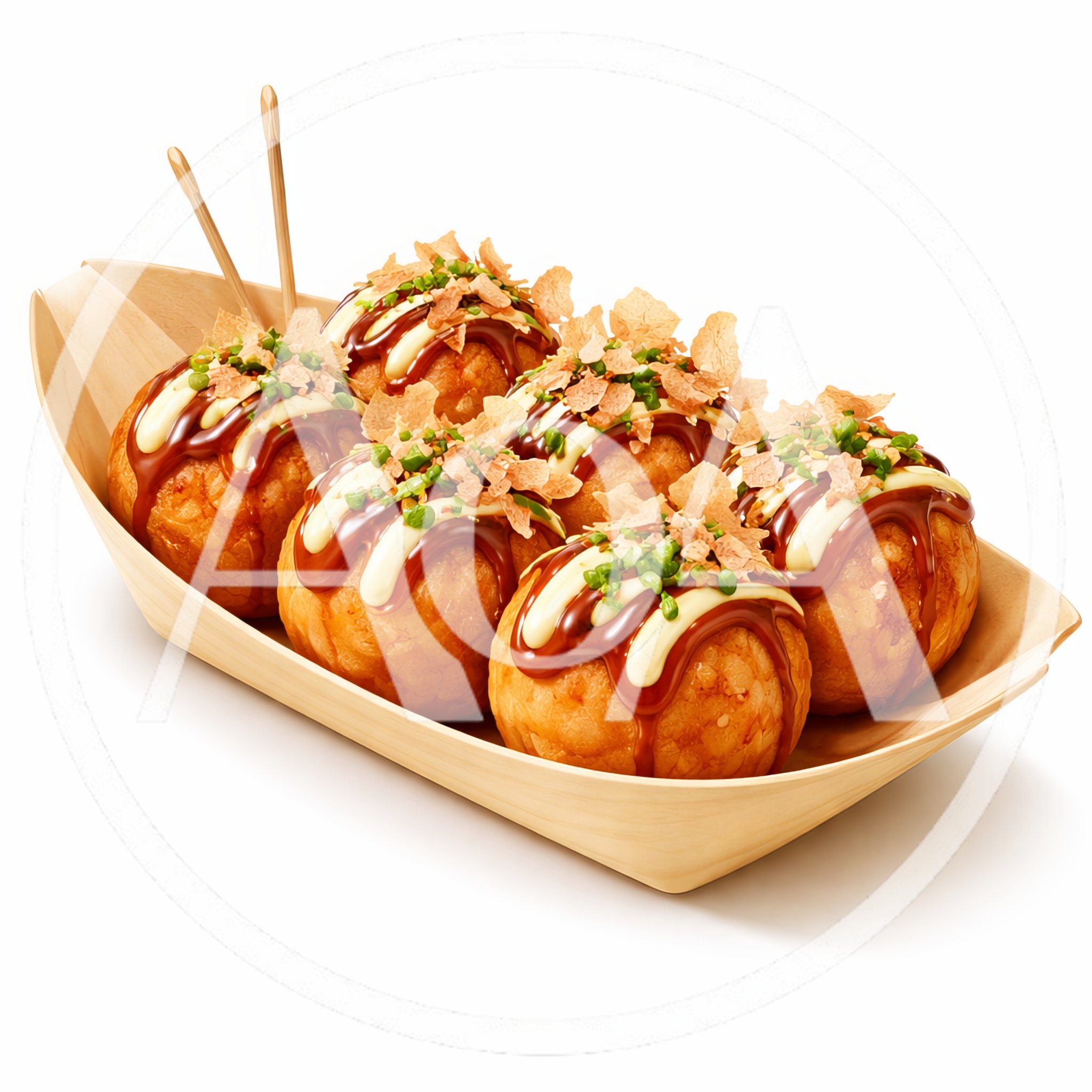 Fresh Takoyaki Octopus Balls in Wooden Boat Tray