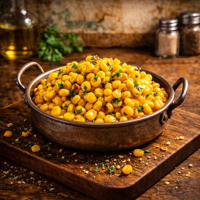 Sautéed Sweet Corn Kernels in Rustic Metal Pan