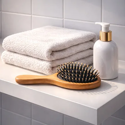 Wooden Hairbrush and White Towels on Bathroom Shelf
