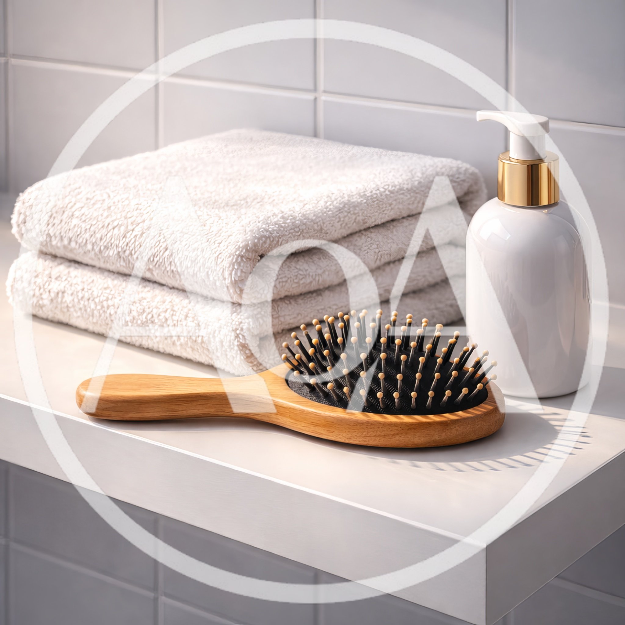 Wooden Hairbrush and White Towels on Bathroom Shelf