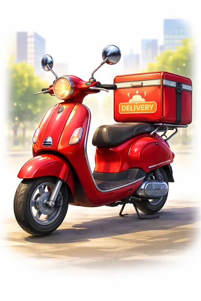 Red Delivery Scooter Parked On City Street