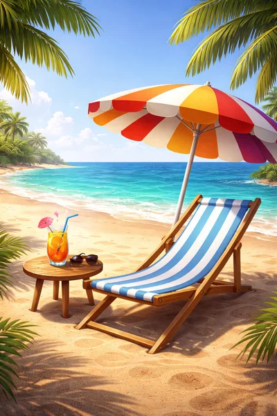 Tropical Beach Scene With Deckchair And Cocktail