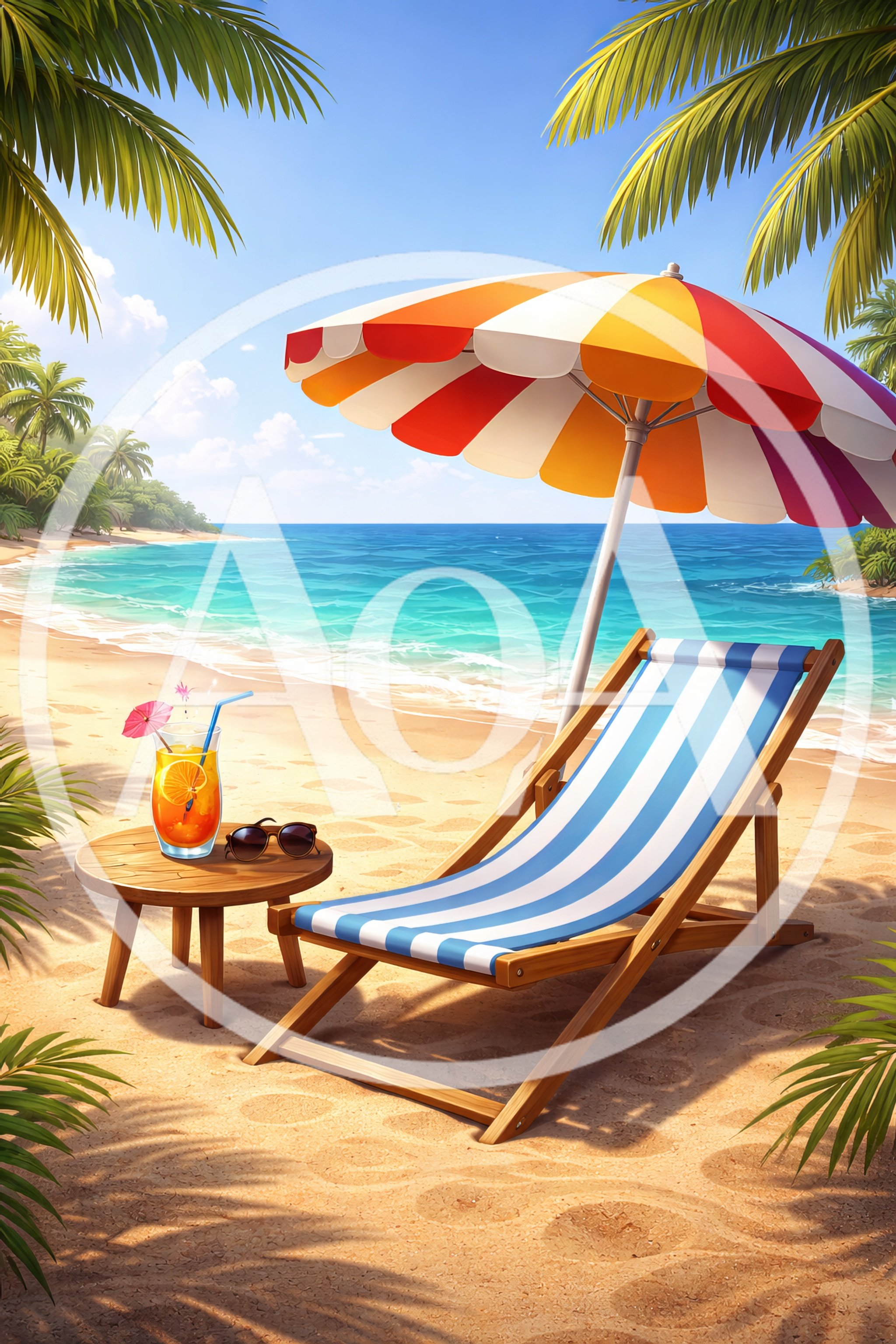 Tropical Beach Scene With Deckchair And Cocktail
