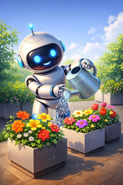 Cute Robot Watering Flowers in a Sunny Garden