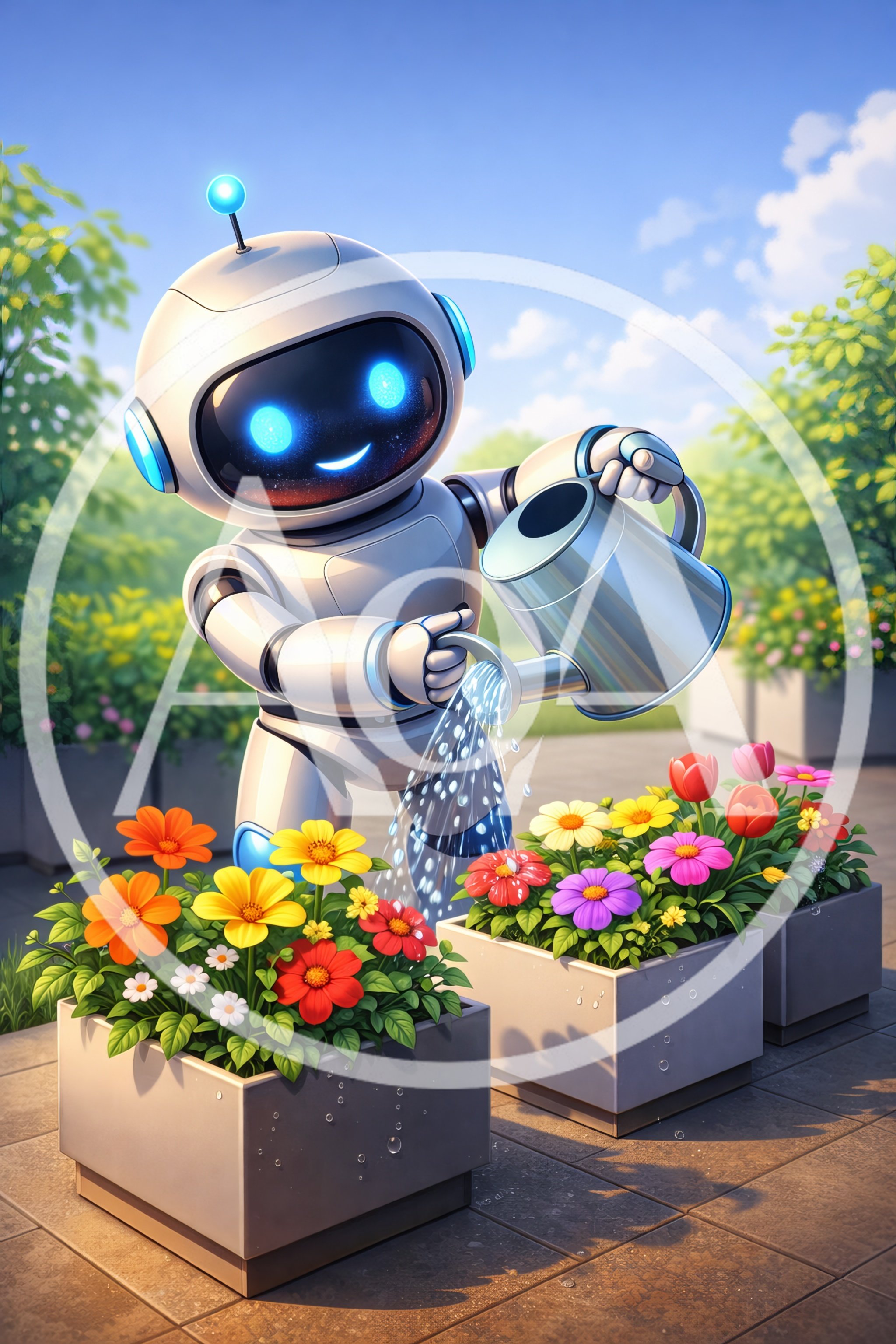 Cute Robot Watering Flowers in a Sunny Garden