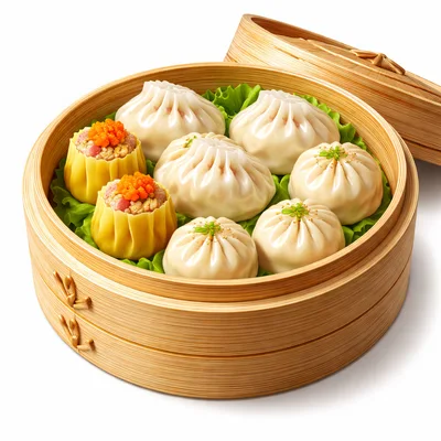 Steamed Dim Sum Assortment in Bamboo Steamer