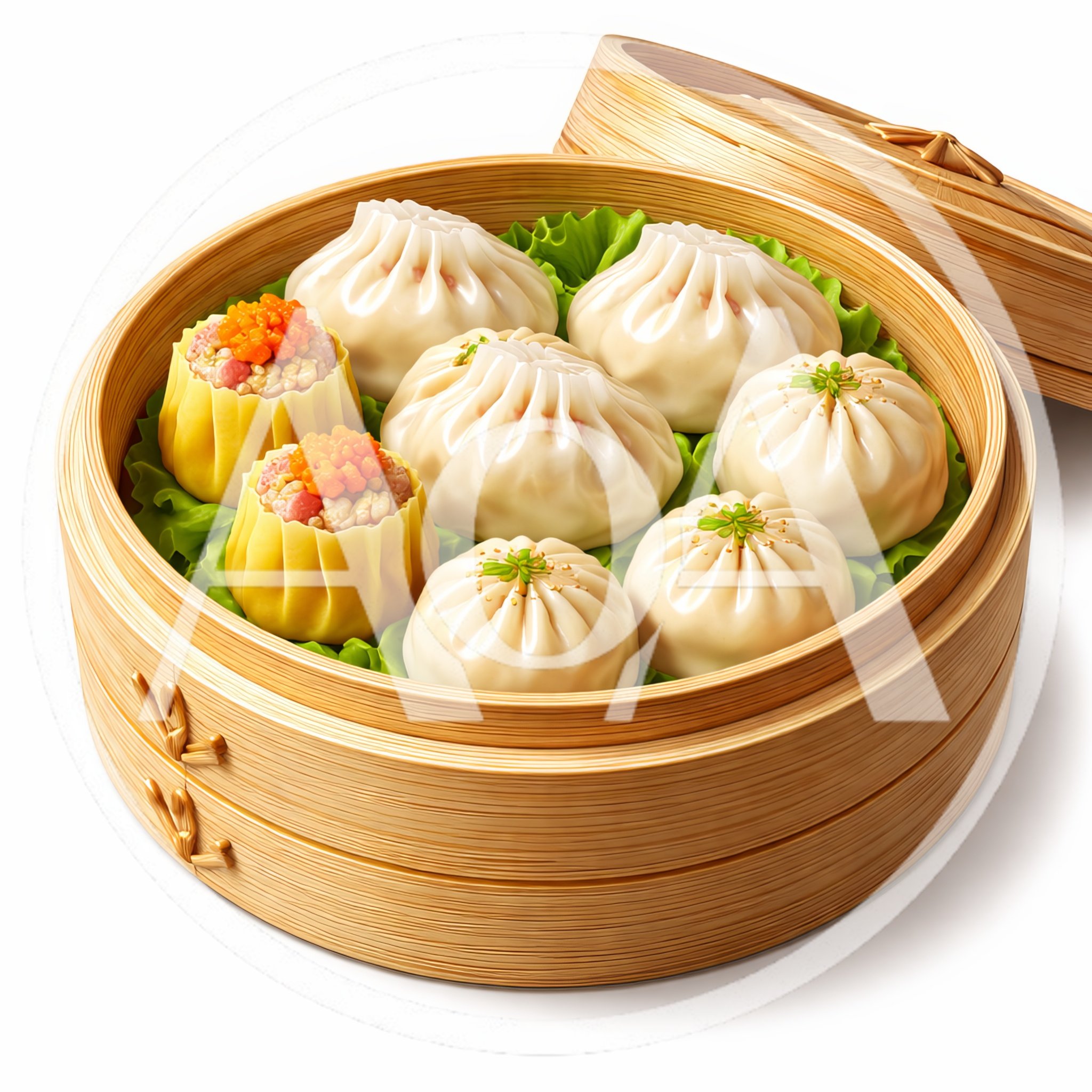 Steamed Dim Sum Assortment in Bamboo Steamer