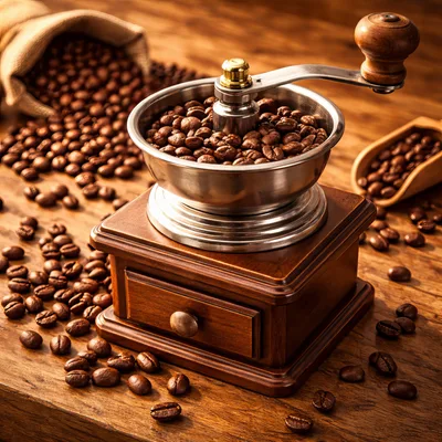 Vintage Wooden Coffee Grinder With Roasted Beans