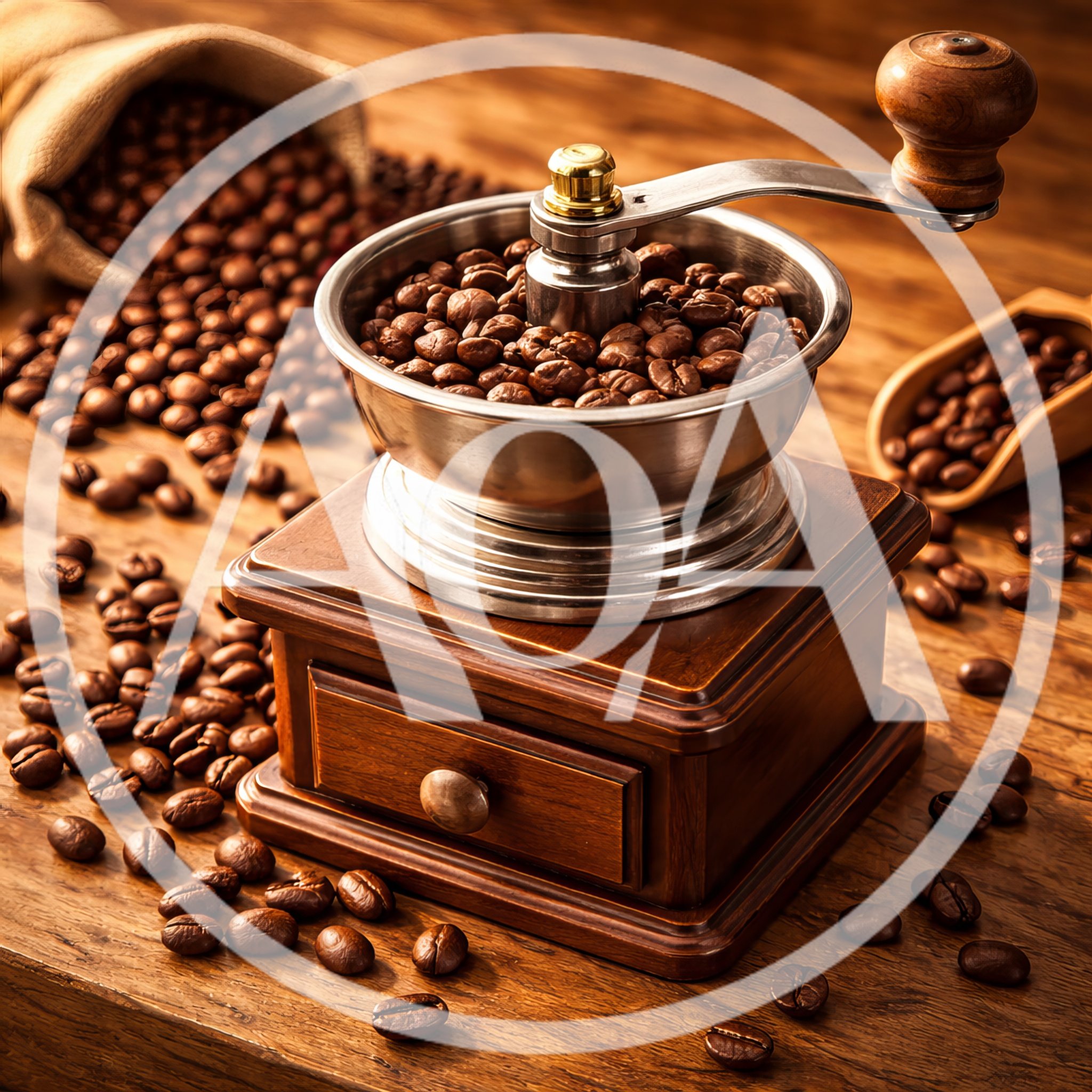 Vintage Wooden Coffee Grinder With Roasted Beans