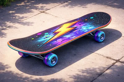 Colorful Lightning Bolt Graphic Skateboard on Concrete