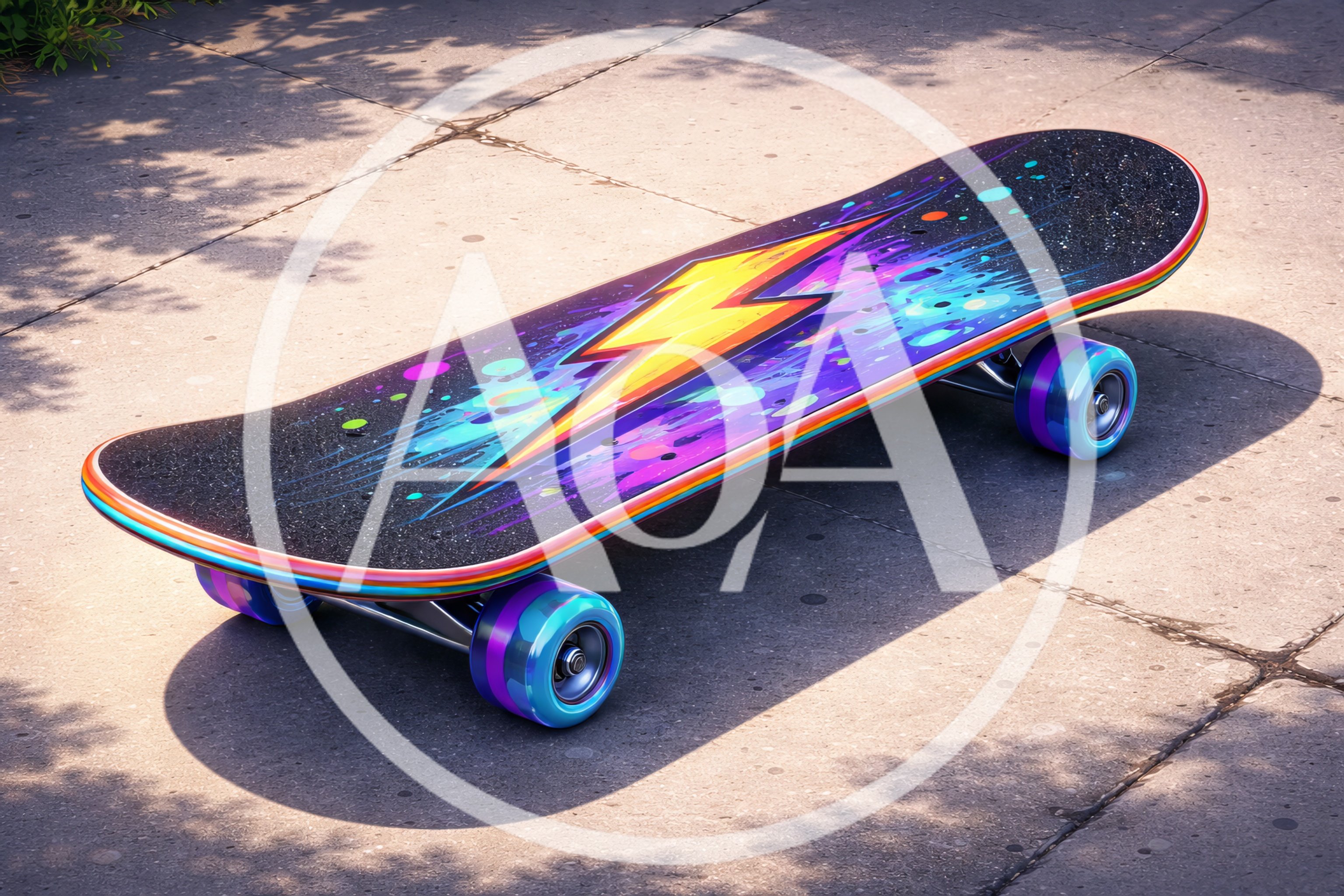 Colorful Lightning Bolt Graphic Skateboard on Concrete