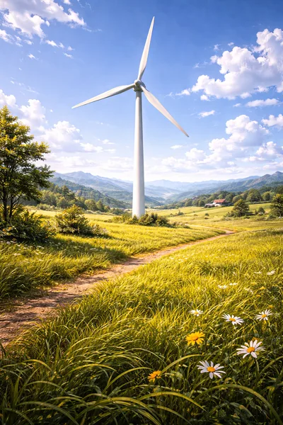 Wind Turbine in a Sunny Rural Meadow
