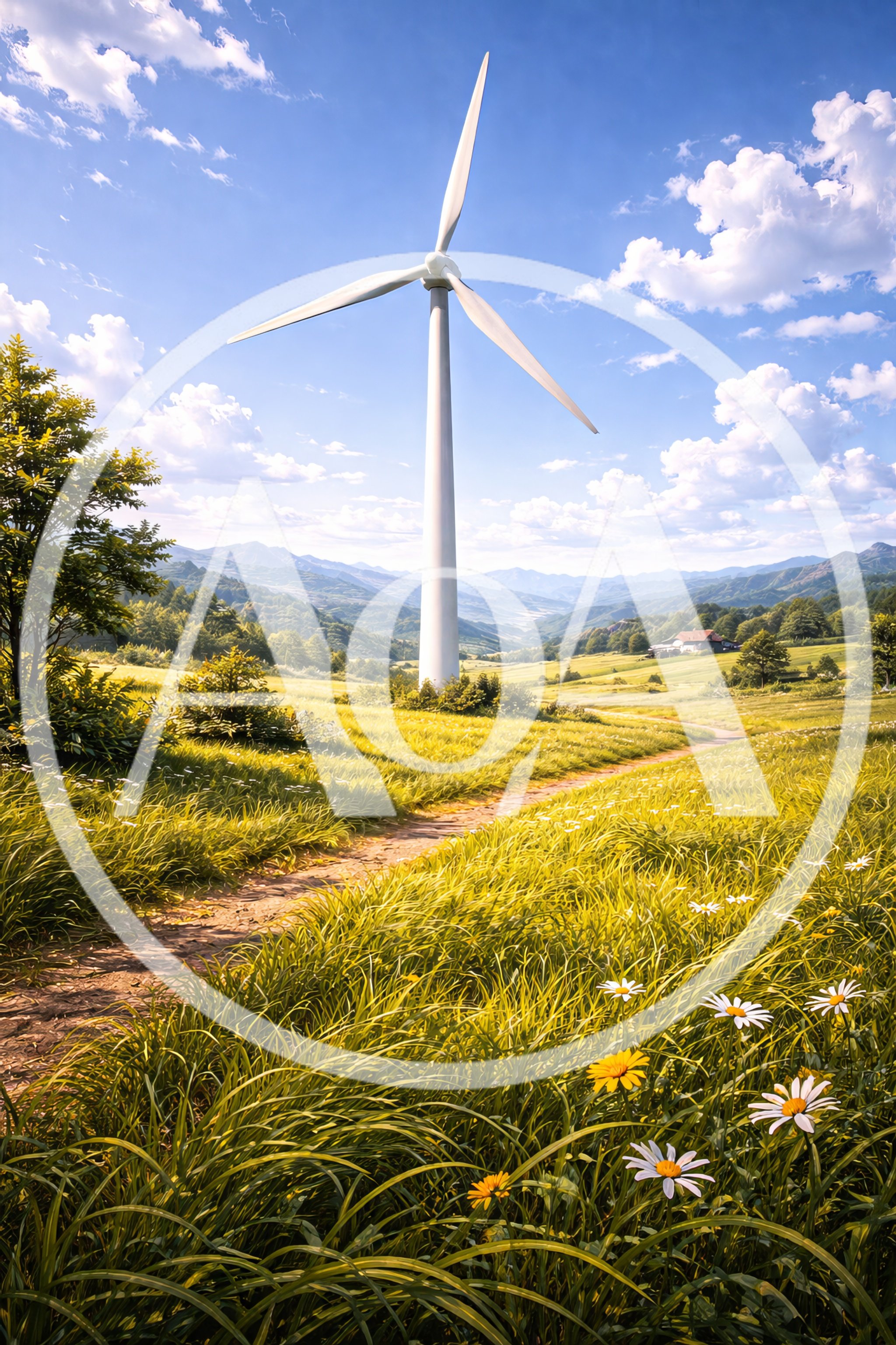 Wind Turbine in a Sunny Rural Meadow