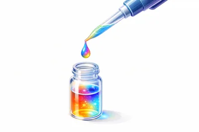 Dropper Dispensing Rainbow Liquid Into Glass Vial