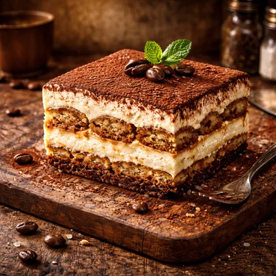 Delicious Tiramisu Dessert Slice On Wooden Board