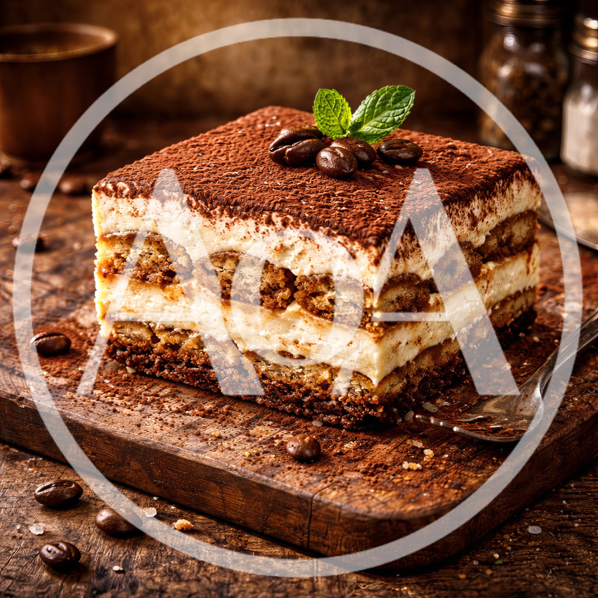Delicious Tiramisu Dessert Slice On Wooden Board