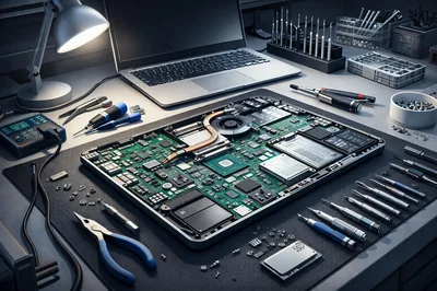 Laptop Computer Disassembled For Repair On Workbench