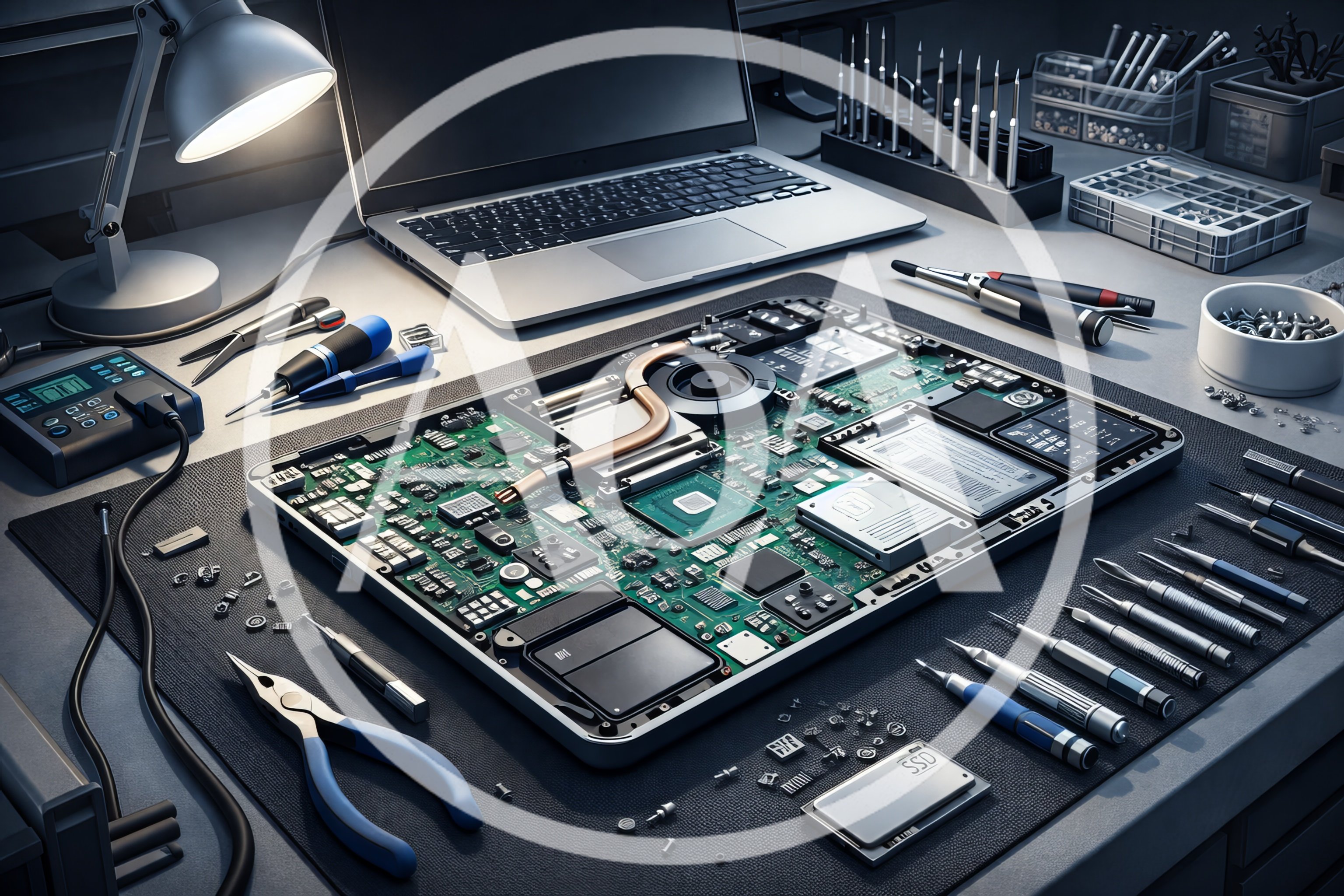 Laptop Computer Disassembled For Repair On Workbench