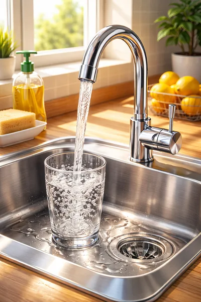 Clear Water Pouring Into Glass In Kitchen Sink