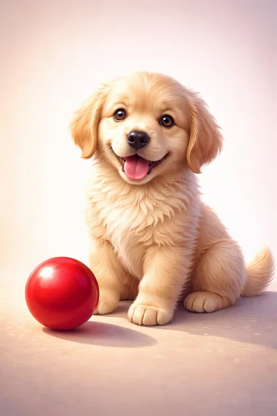 Adorable Golden Retriever Puppy Sitting With Red Ball