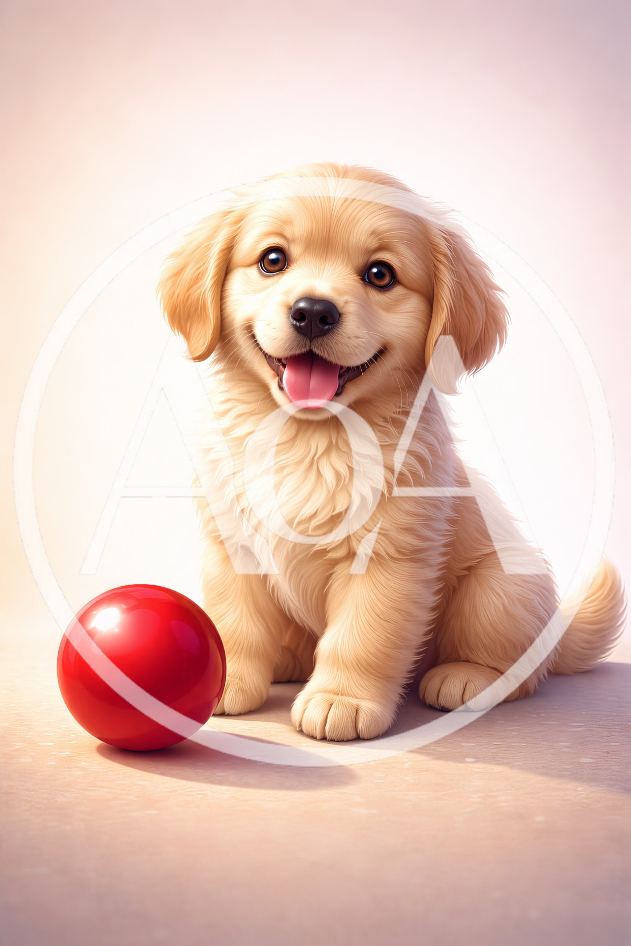 Adorable Golden Retriever Puppy Sitting With Red Ball