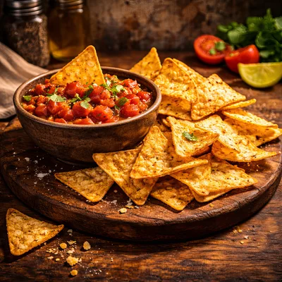 Bowl Of Salsa With Tortilla Chips On Wooden Board