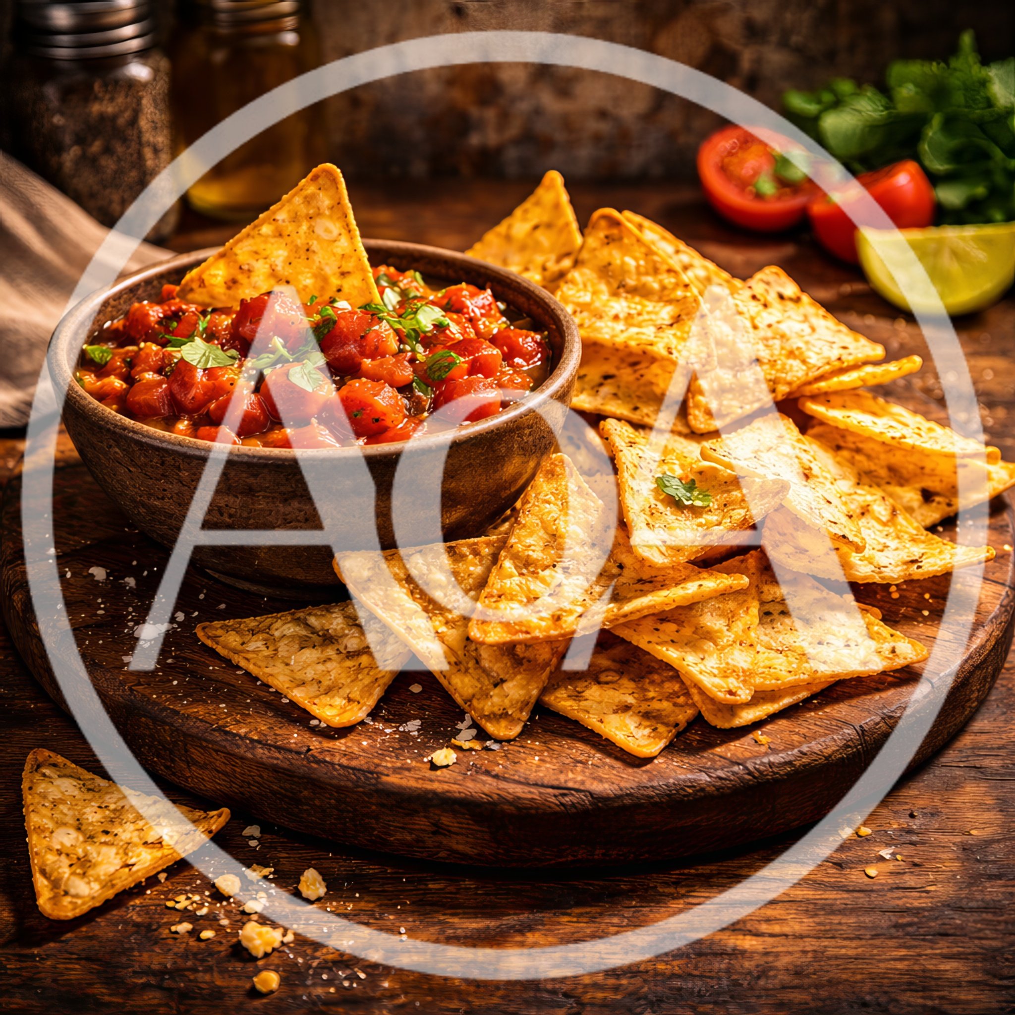 Bowl Of Salsa With Tortilla Chips On Wooden Board