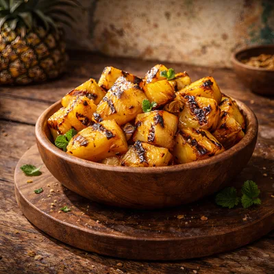 Grilled Pineapple Chunks In A Wooden Bowl