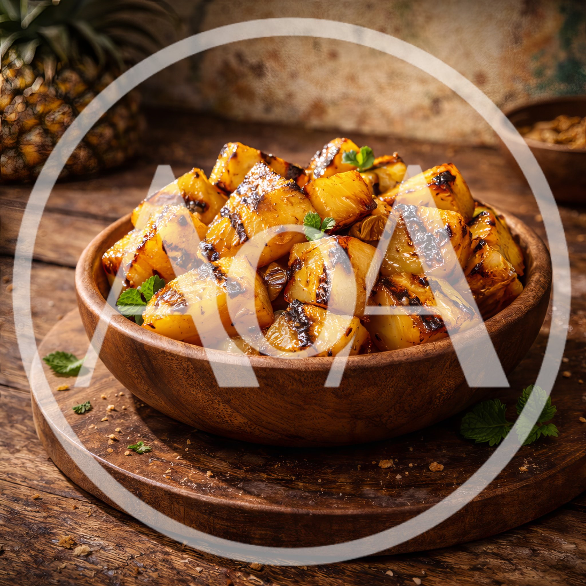 Grilled Pineapple Chunks In A Wooden Bowl