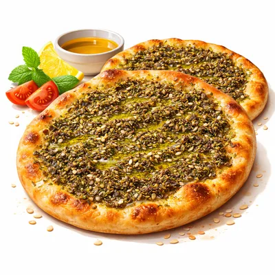 Two Freshly Baked Zaatar Manakish Flatbreads