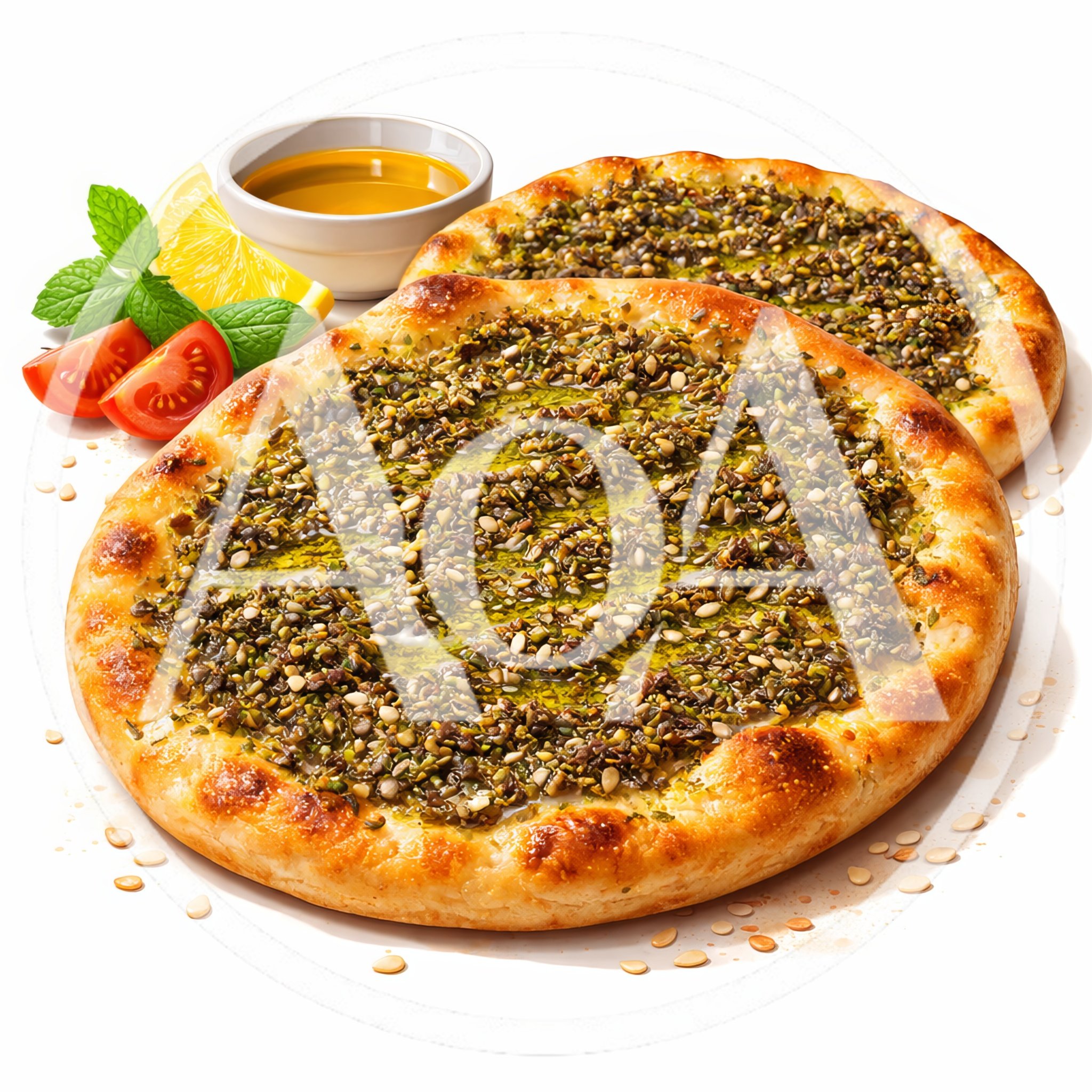 Two Freshly Baked Zaatar Manakish Flatbreads