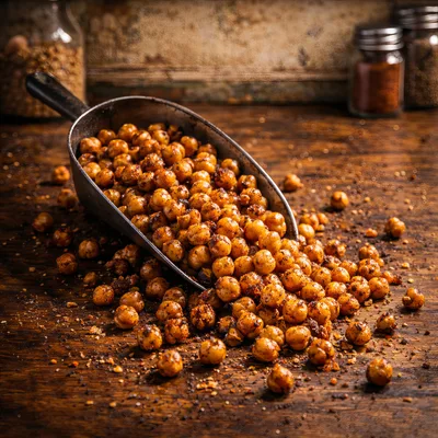 Roasted Chickpeas Served In A Metal Scoop