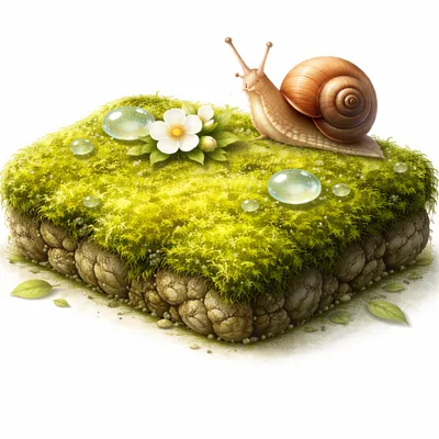 Snail Resting on a Mossy Stone Block