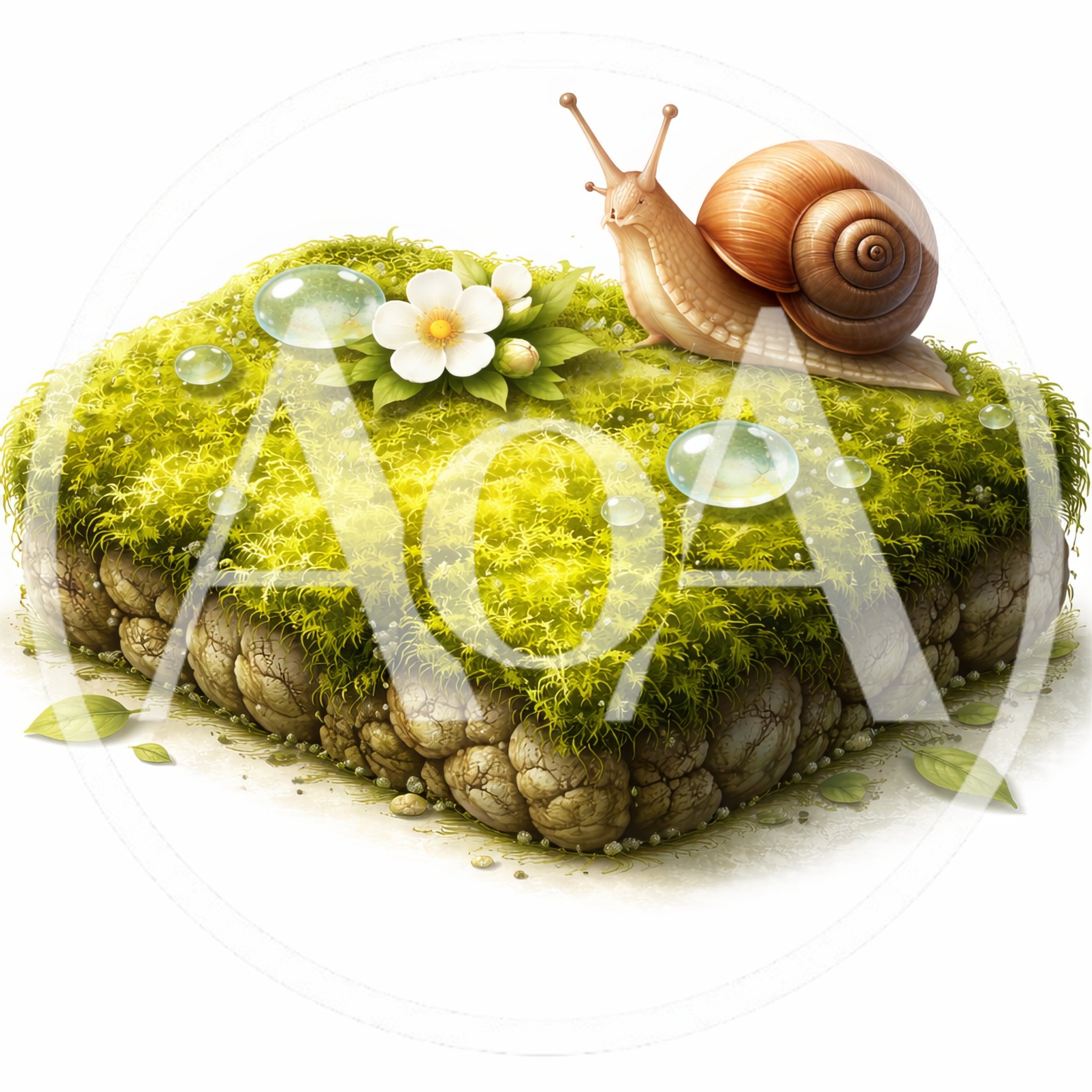 Snail Resting on a Mossy Stone Block
