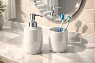 White Ceramic Bathroom Accessories On A Vanity Counter