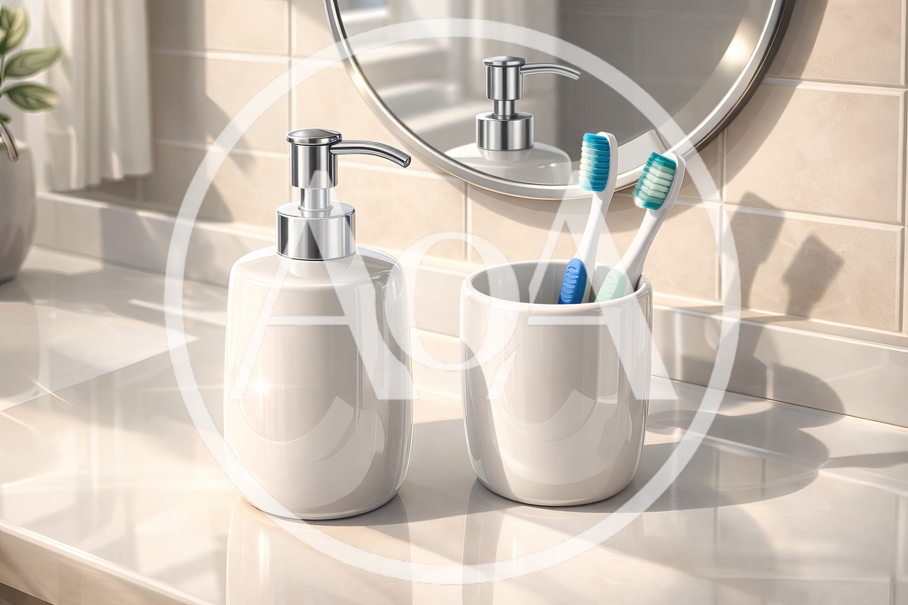 White Ceramic Bathroom Accessories On A Vanity Counter