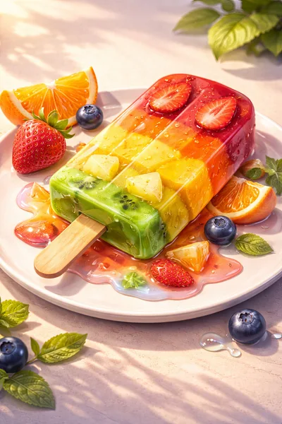 Rainbow Fruit Popsicle Melting on a Plate
