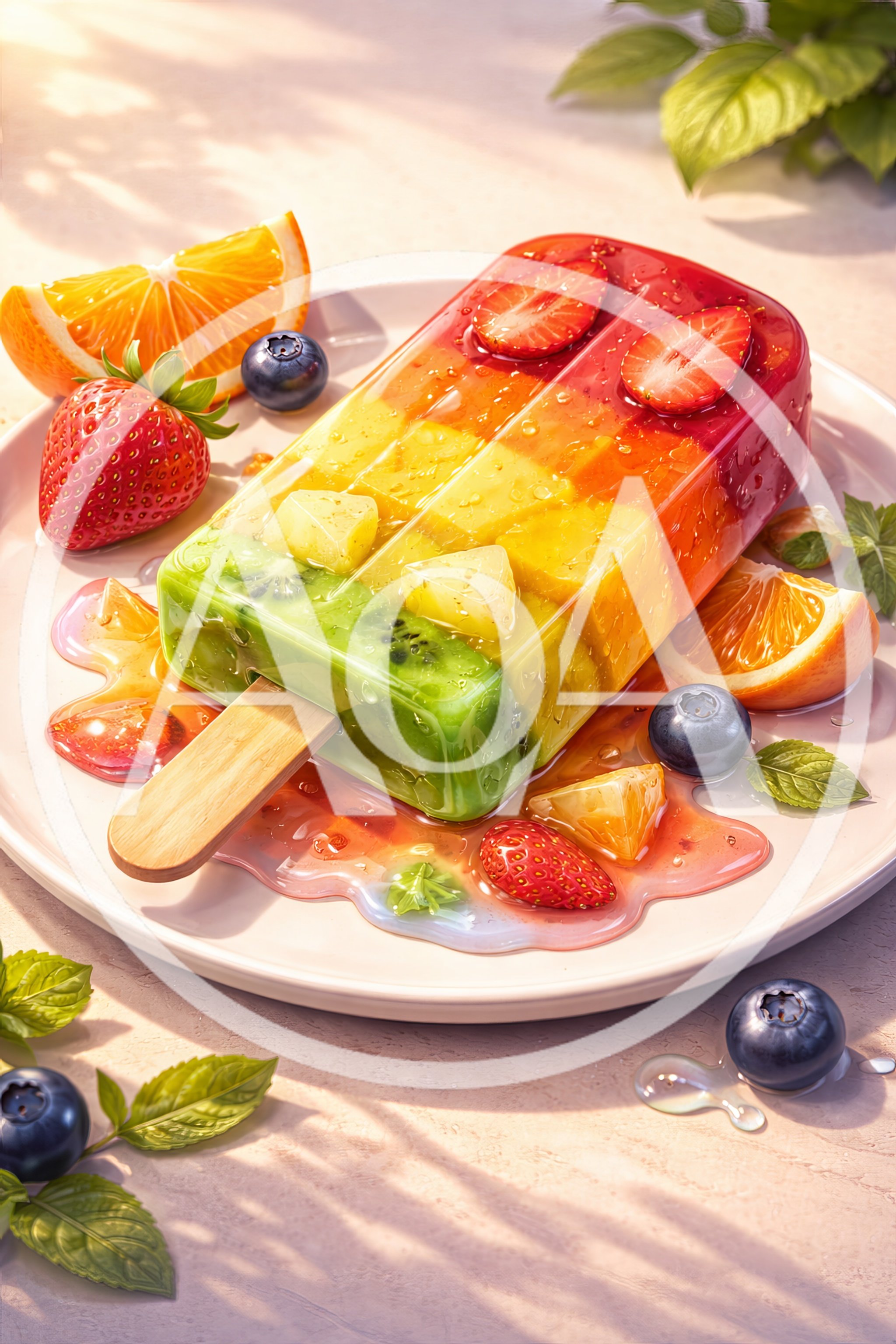 Rainbow Fruit Popsicle Melting on a Plate