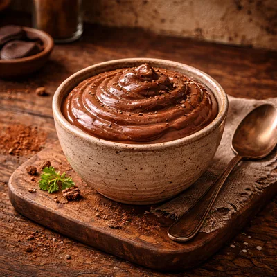 Bowl Of Creamy Chocolate Mousse On Wooden Board