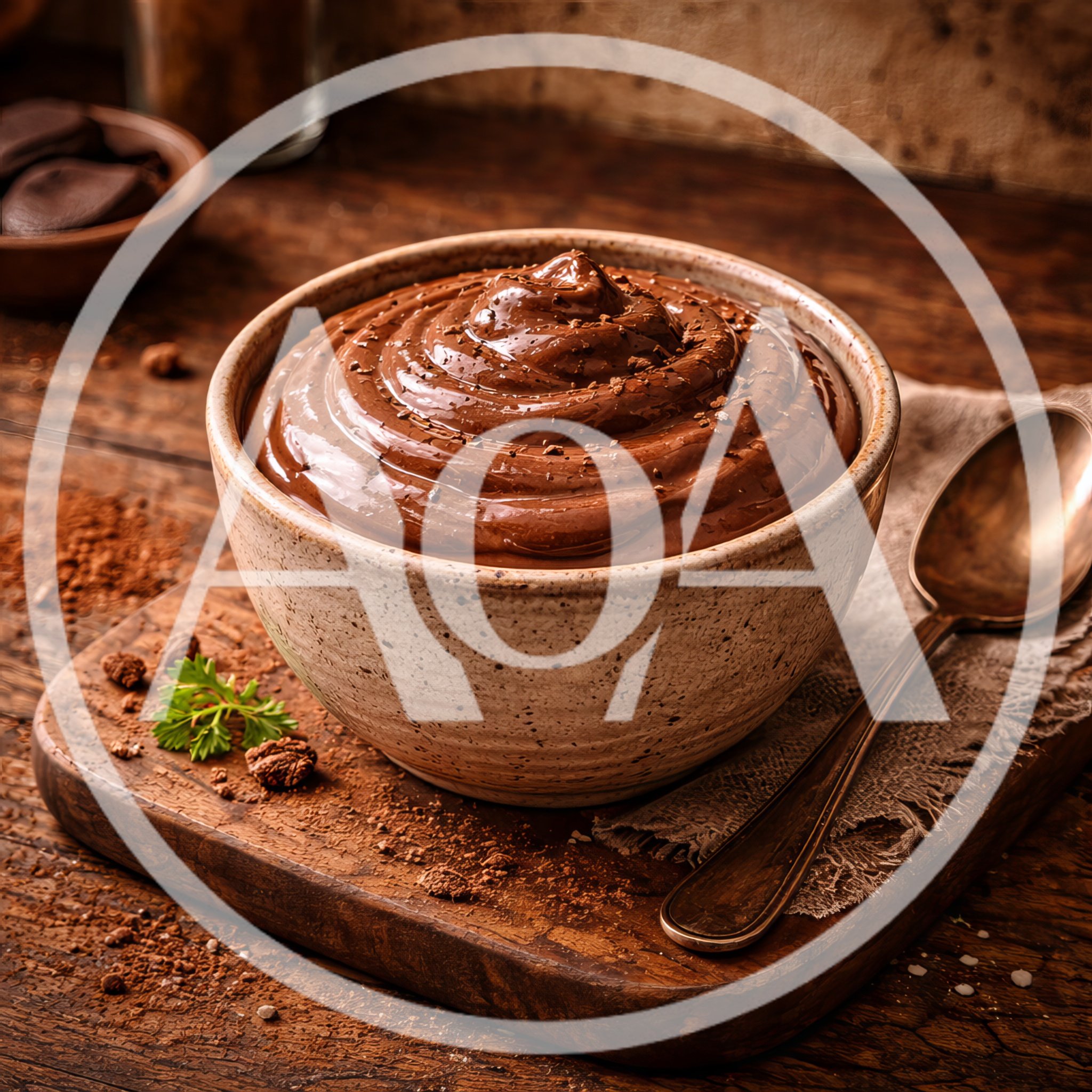 Bowl Of Creamy Chocolate Mousse On Wooden Board