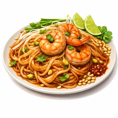 Plate Of Pad Thai With Shrimp And Lime