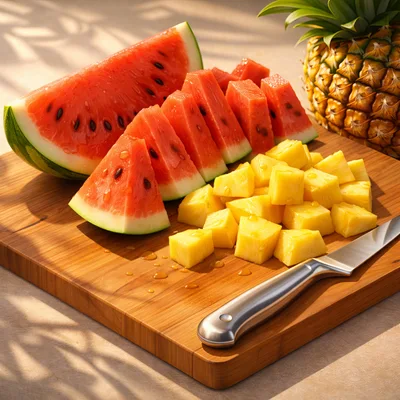 Fresh Watermelon Slices And Pineapple Chunks On Cutting Board