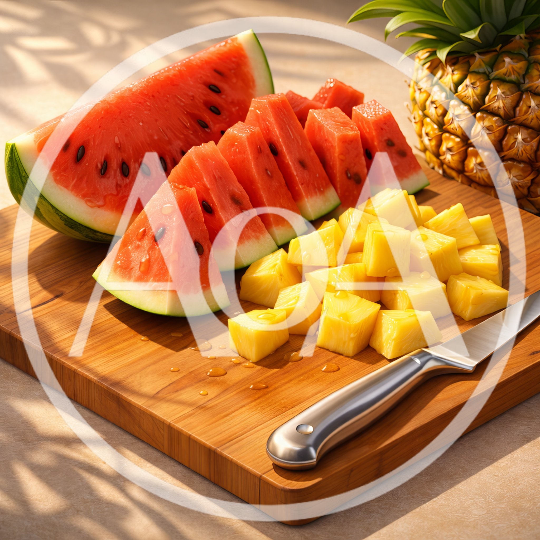 Fresh Watermelon Slices And Pineapple Chunks On Cutting Board