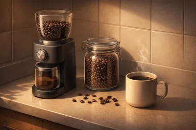 Coffee Grinder and Freshly Brewed Cup on Kitchen Counter