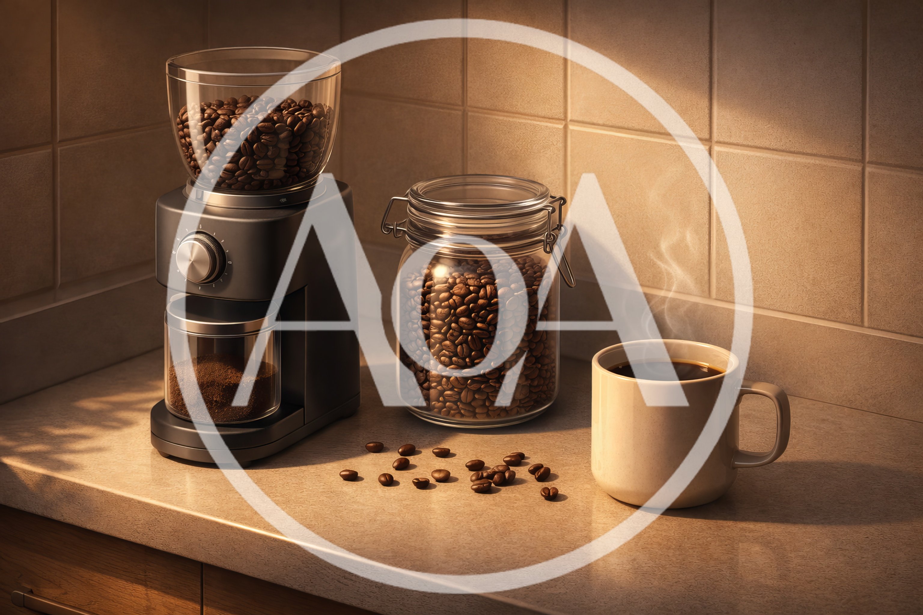 Coffee Grinder and Freshly Brewed Cup on Kitchen Counter