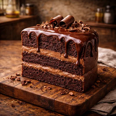 Decadent Triple Layer Chocolate Cake On Wooden Board