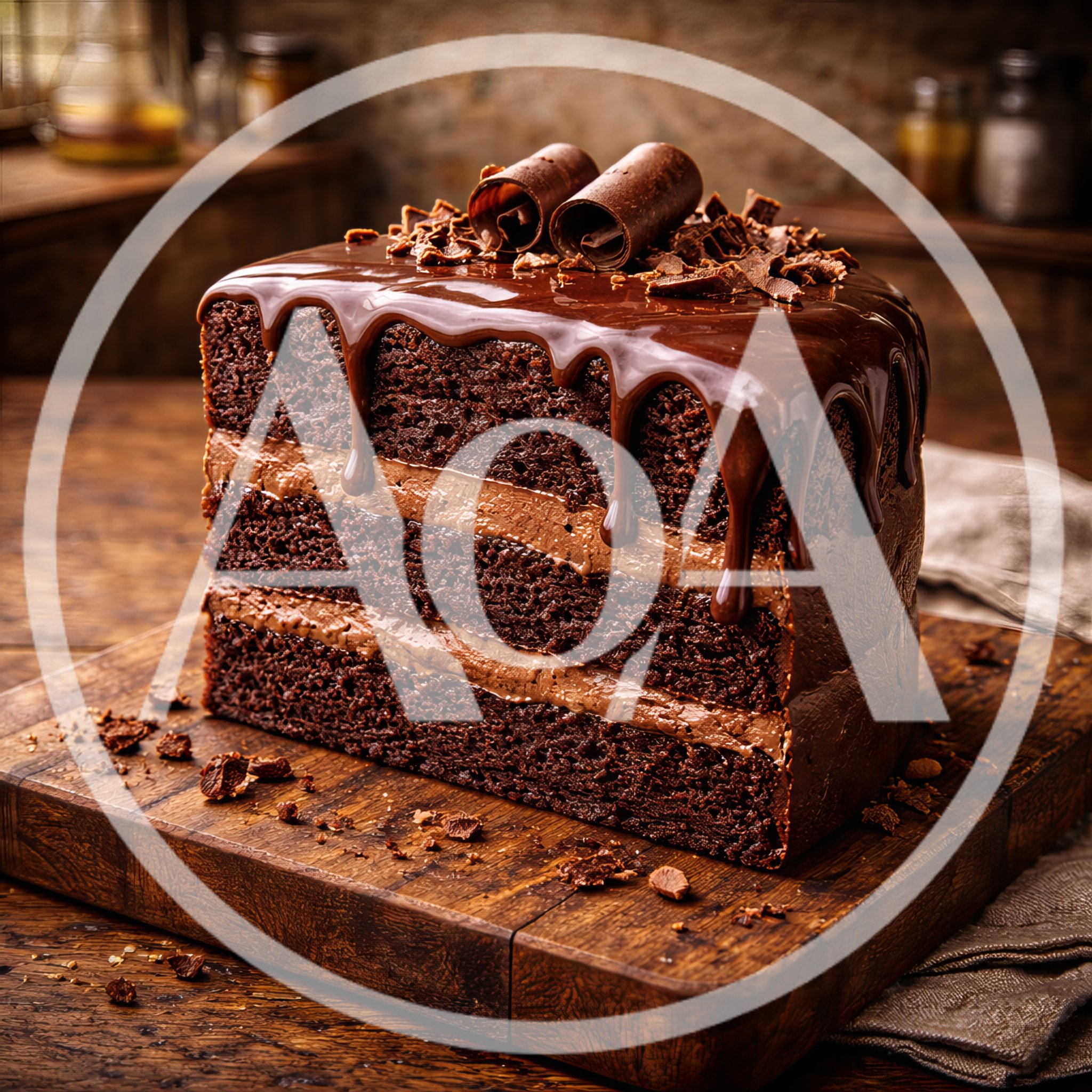 Decadent Triple Layer Chocolate Cake On Wooden Board