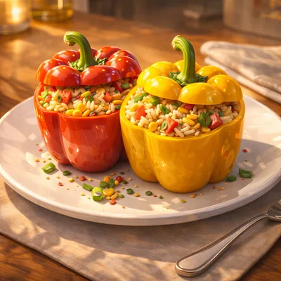 Stuffed Red and Yellow Bell Peppers on a Plate